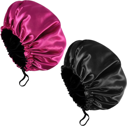 2 Pcs Silk Bonnet Sleep Cap, Adjustable Waterproof Satin Hair Night Cap, Double Layer for Women Girls With V1259-DP01-A-2303