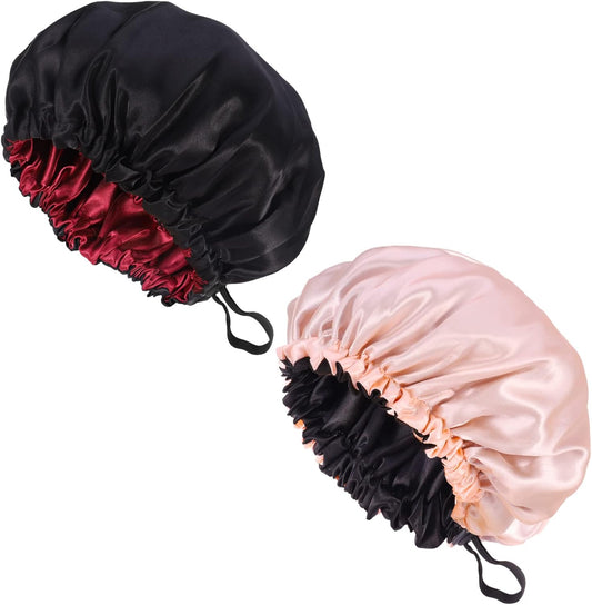 2 Pcs Silk Bonnet Sleep Cap, Adjustable Waterproof Satin Hair Night Cap, Double Layer for Women Girls Black V1259-DP01-A-2304