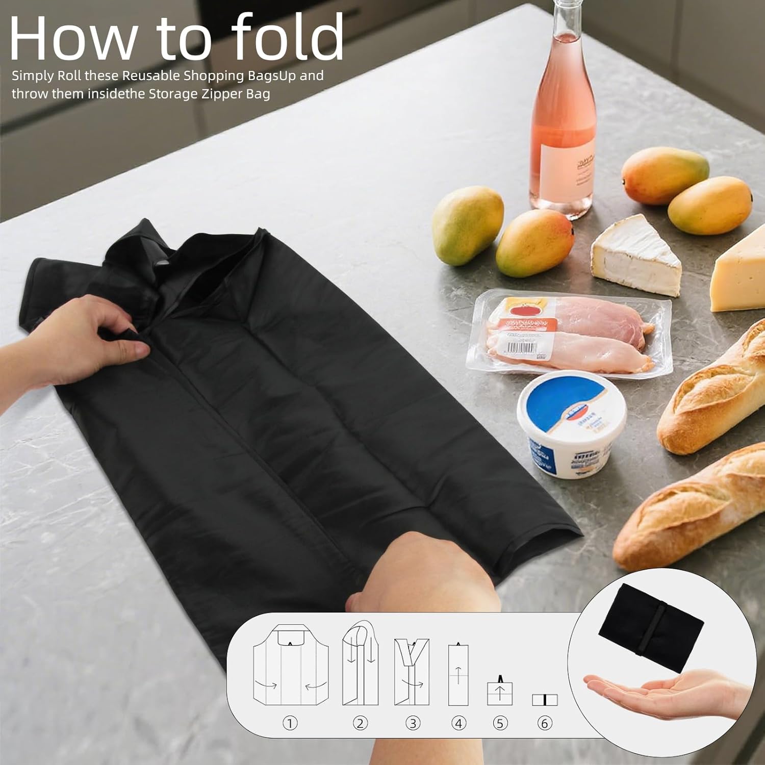 Store Grocery Bags 2 Pack Large Foldable Shopping Bag Folding into Attached Elastic Bands 44x40cm Reusable V1259-DP01-A-2314