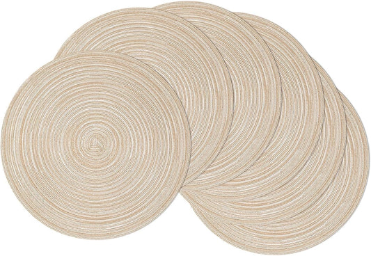 Round Braided Placemats Set of 6 Washable Round Placemats for Kitchen Table 15 inch Round Table Mats (Beige, V1259-DP01-A-2335