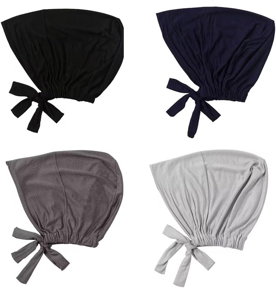 4 Pcs Women Hijab Undercap Muslim Inner Beanies Cap with Tie Back Closure Adjustable Underscarf Hat Chemo V1259-DP01-A-2341