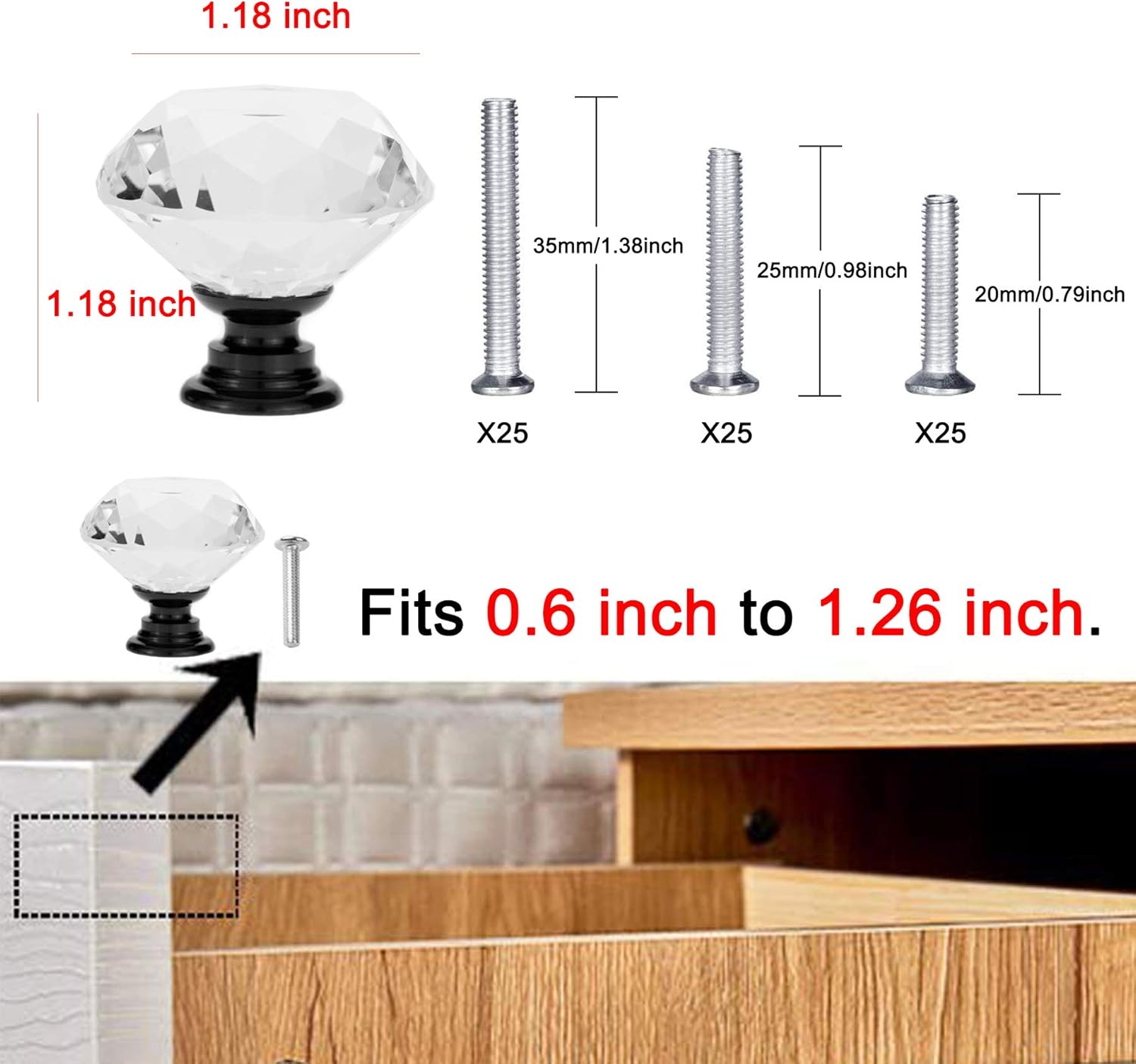 25 Pack Drawer Knobs Diamond Shaped Crystal Glass 30mm Cabinet Knobs Pull Handles (30mm, 25 Pack, Black) V1259-DP01-A-2345