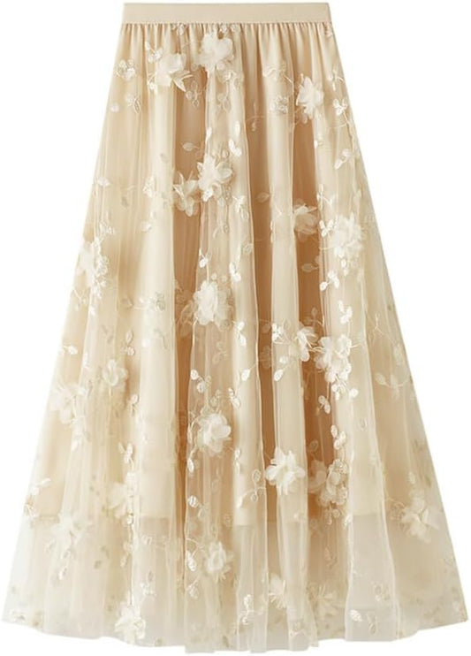 Women's Tutu Tulle Skirt Elastic High Waist Layered Midi Skirt Lace Embroidery Asymmetrical A-Line Skirt V1259-DP01-A-2351