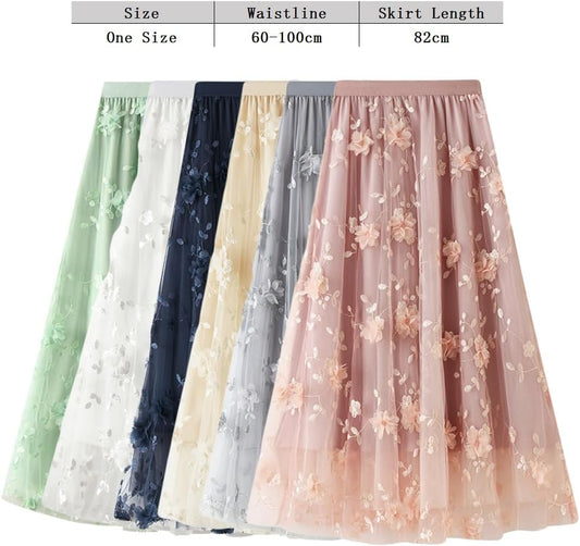 Women's Tutu Tulle Skirt Elastic High Waist Layered Midi Skirt Lace Embroidery Asymmetrical A-Line Skirt V1259-DP01-A-2351