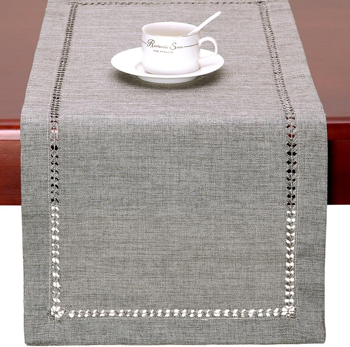 Handmade Hemstitch Gray Dining Table Runner Or Dresser Scarf, Rectangular 14 by 72 Inch V1259-DP01-A-2354