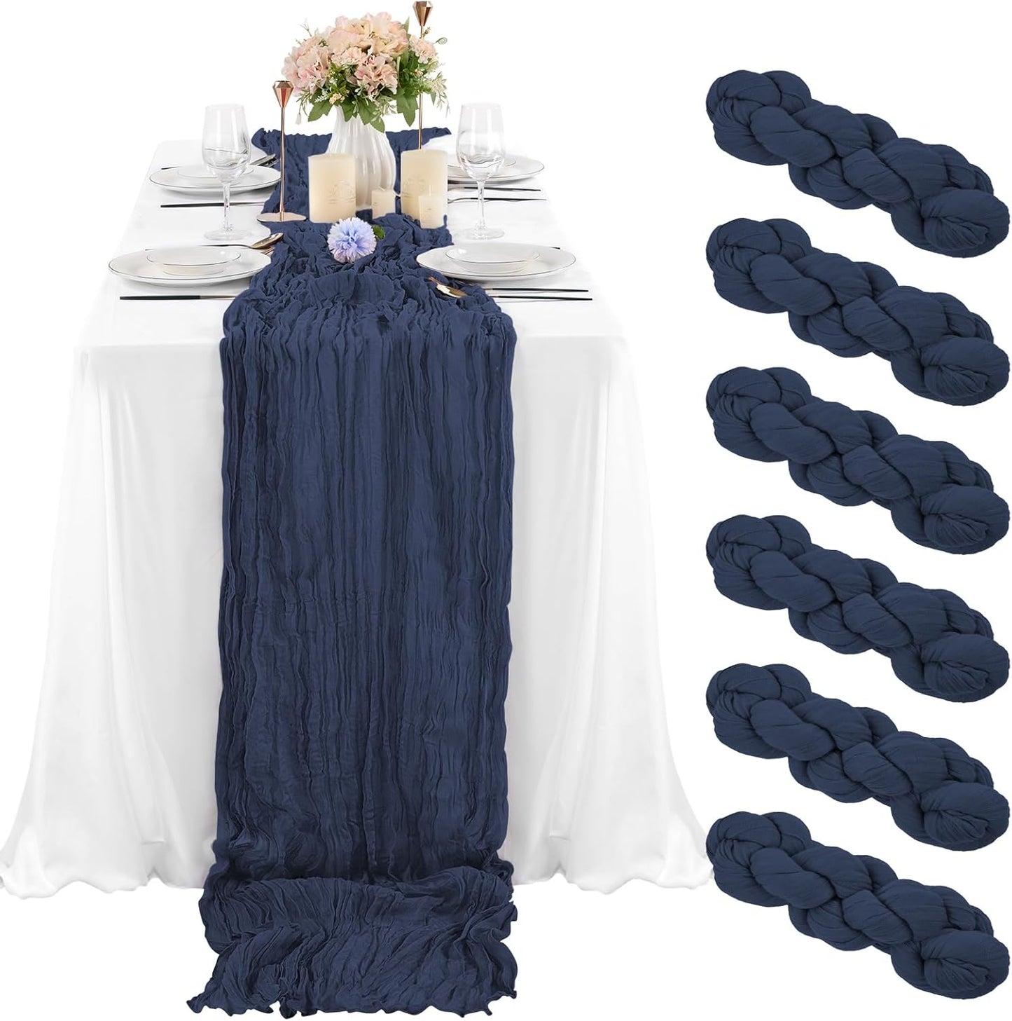 6 Pcs Navy Blue Cheesecloth Table Runner 10FT, Gauze Table Runner for Wedding Reception Sheer Bridal Shower V1259-DP01-A-2365