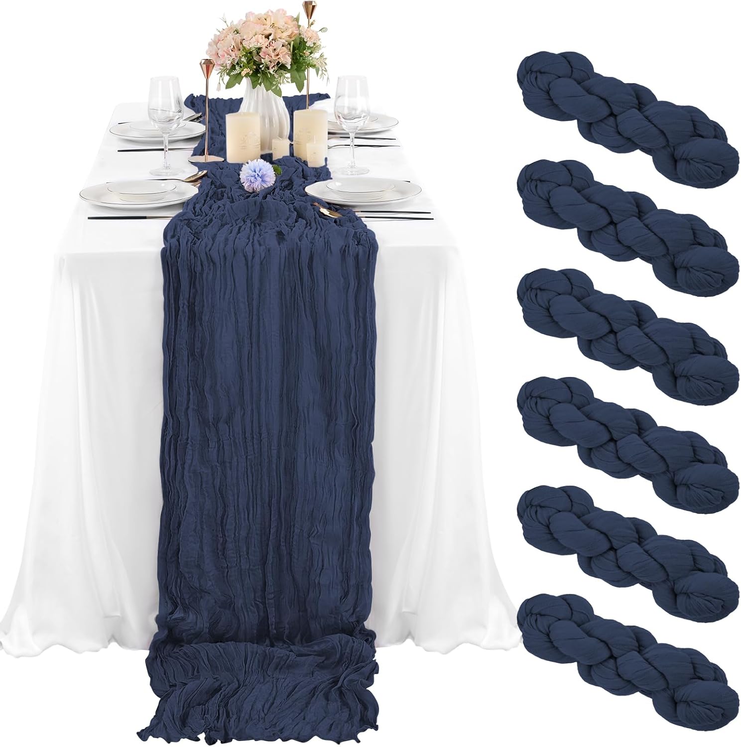 6 Pcs Navy Blue Cheesecloth Table Runner 10FT, Gauze Table Runner for Wedding Reception Sheer Bridal Shower V1259-DP01-A-2365