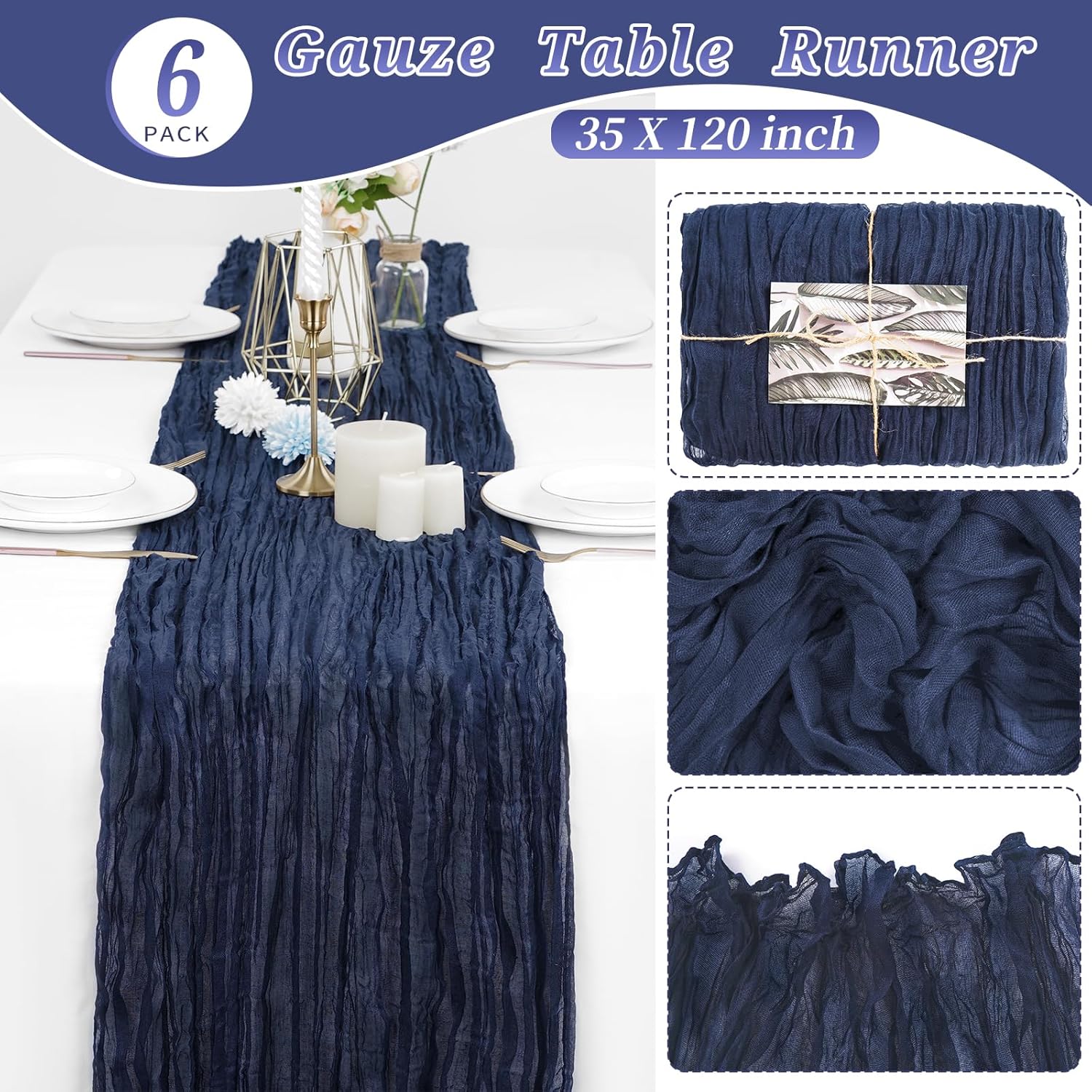 6 Pcs Navy Blue Cheesecloth Table Runner 10FT, Gauze Table Runner for Wedding Reception Sheer Bridal Shower V1259-DP01-A-2365