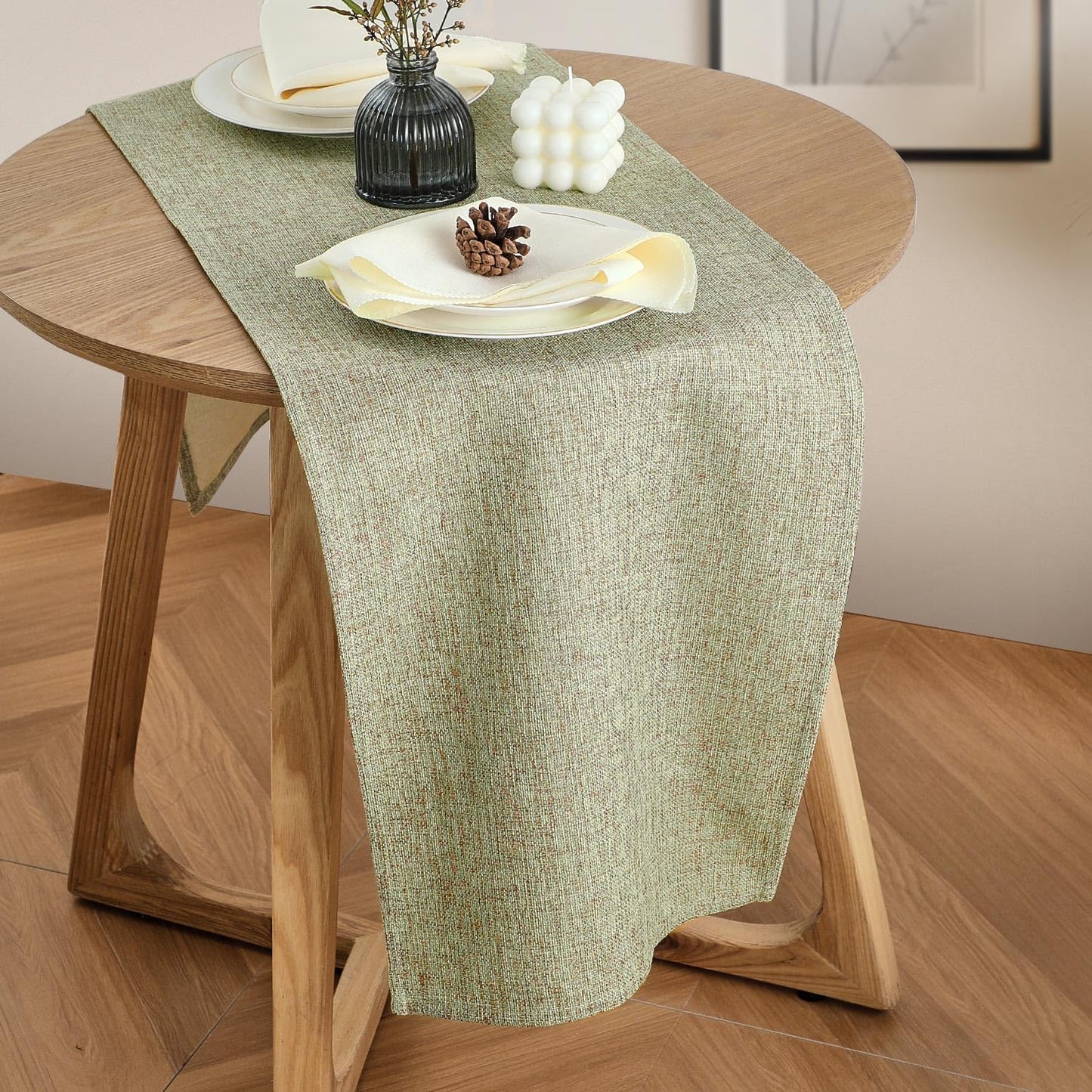 Rustic Table Runner Boho Style, Handmade Sage Green Table Runner 36 Inches Long for Home Dining,Coffee V1259-DP01-A-2371