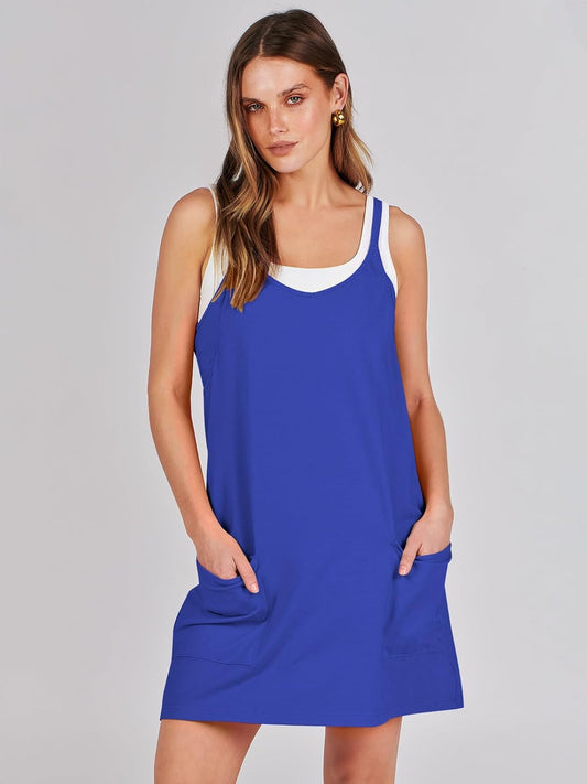 Women 2023 Summer Sleeveless Mini Dress Casual Short Sundress Workout Tennis Athletic Onesie with Pockets V1259-DP01-A-2373