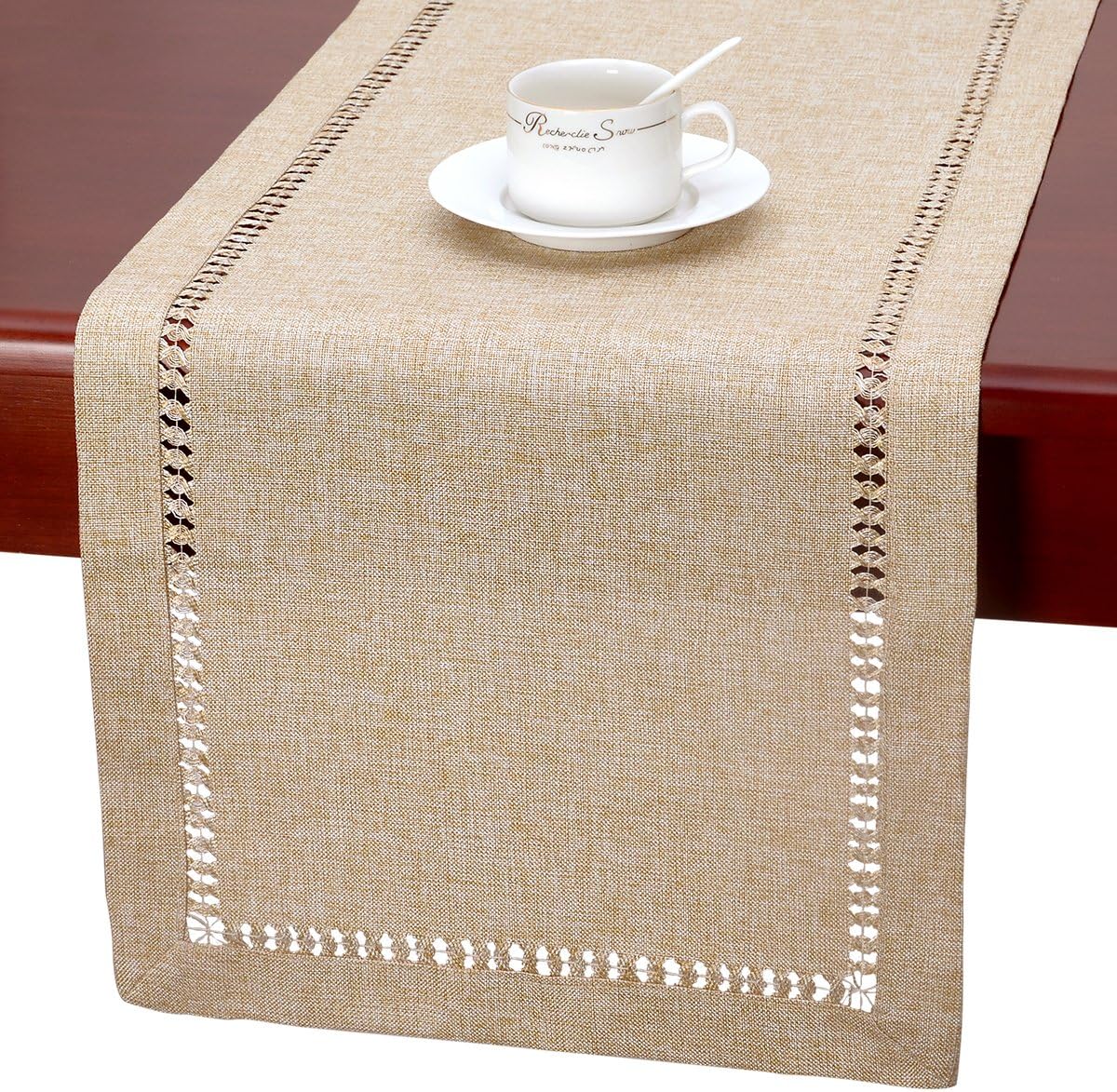 Handmade Hemstitch Beige Table Runner Or Dresser Scarf, Rectangular 14 By 108 Inch V1259-DP01-A-2374