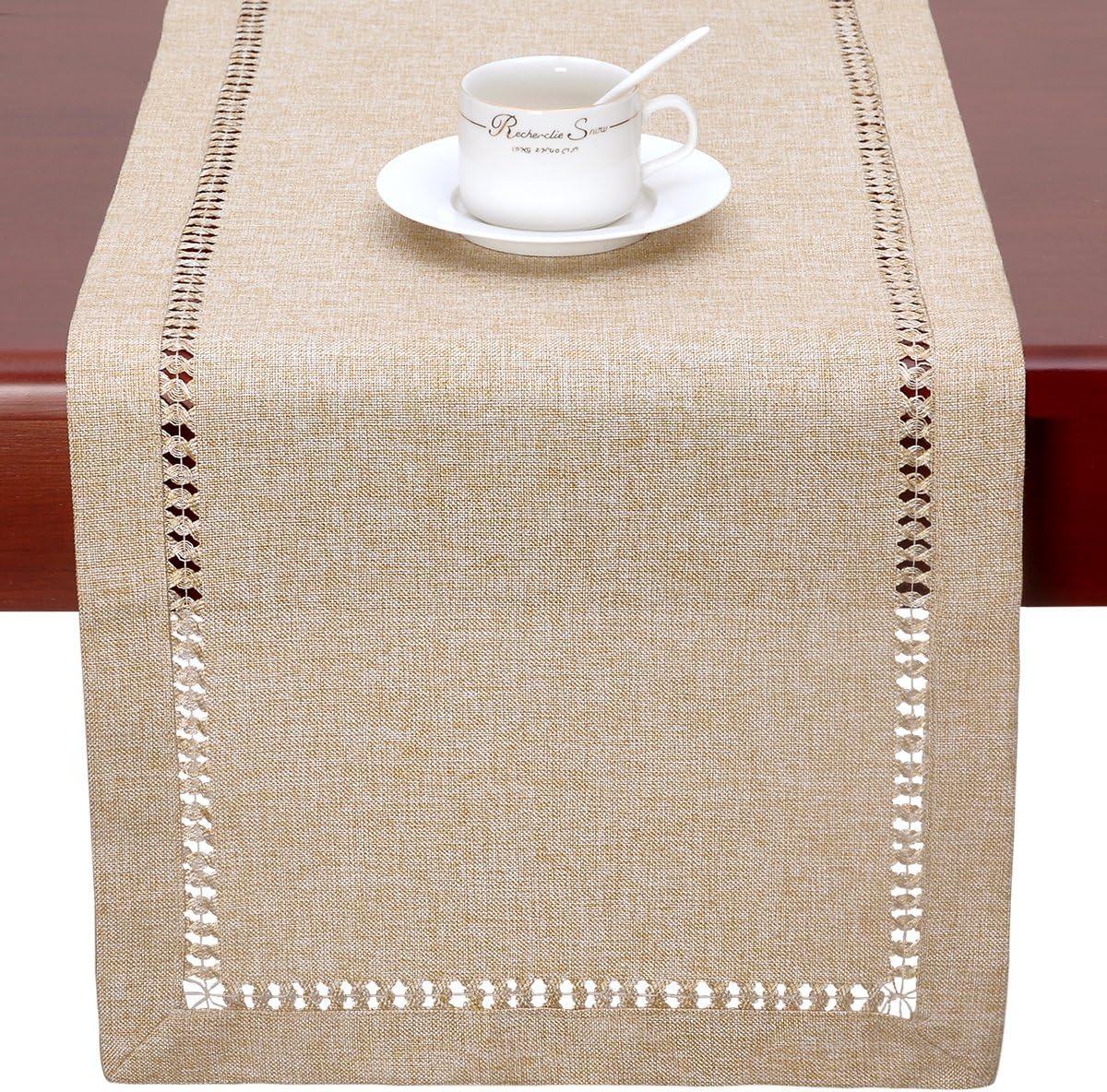 Handmade Hemstitch Beige Table Runner Or Dresser Scarf, Rectangular 14 By 108 Inch V1259-DP01-A-2374