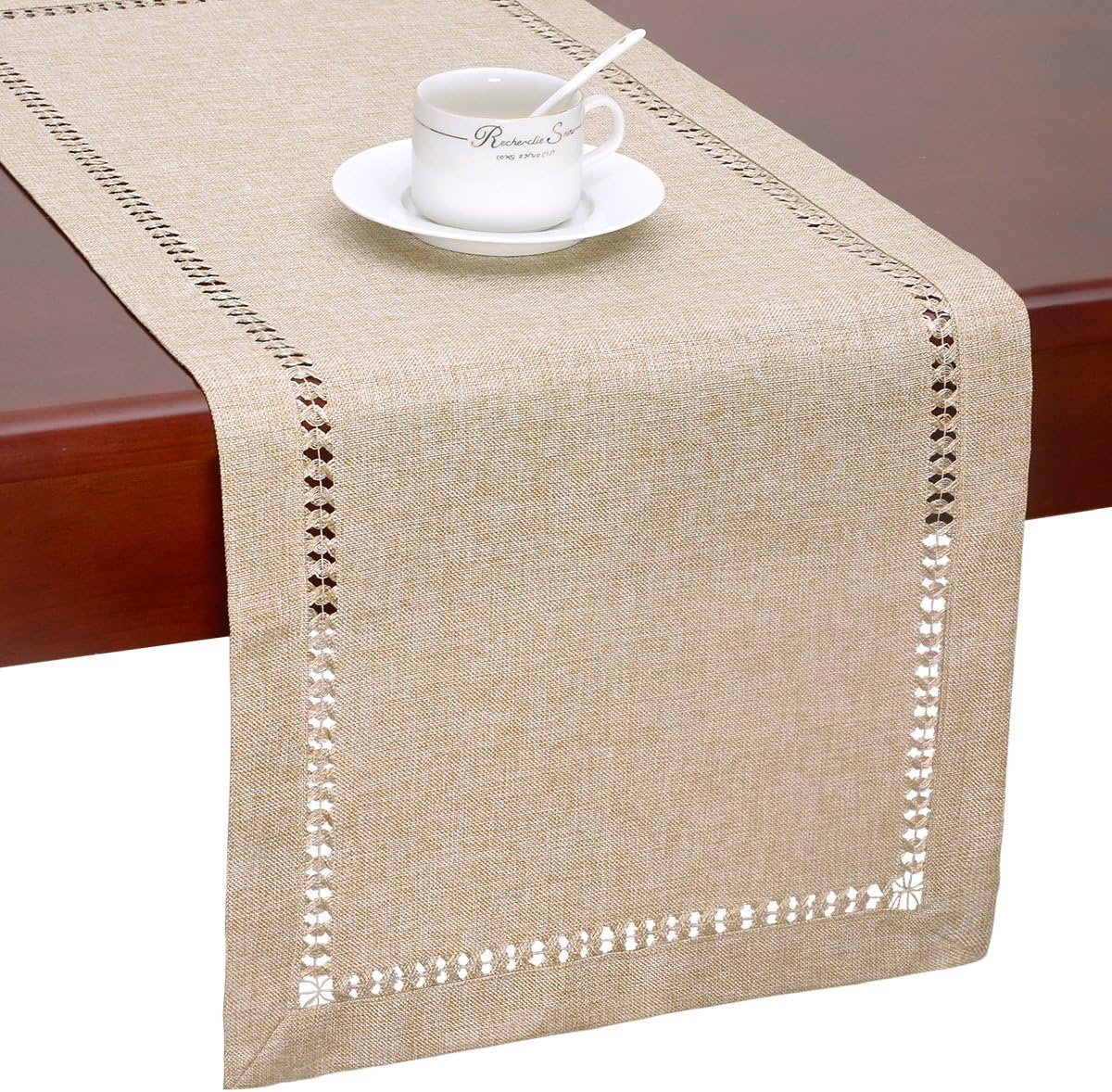 Handmade Hemstitch Beige Table Runner Or Dresser Scarf, Rectangular 14 By 108 Inch V1259-DP01-A-2374