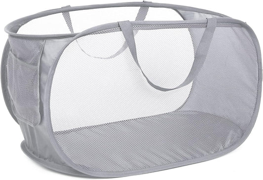 Mesh Collapsible Laundry Basket with Pockets and Reinforced Carry Handles, Foldable Dirty Clothes Pop up V1259-DP01-A-2402