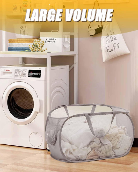 Mesh Collapsible Laundry Basket with Pockets and Reinforced Carry Handles, Foldable Dirty Clothes Pop up V1259-DP01-A-2402