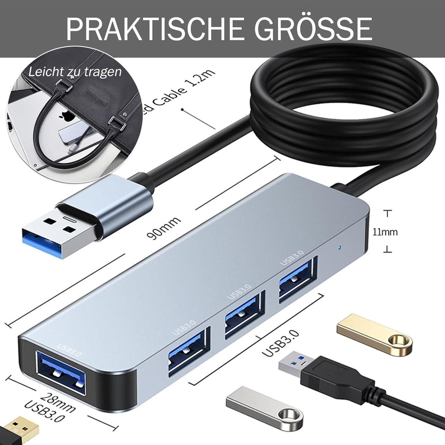 4-Port USB 3.0 Hub, Portable Data USB Hub, USB Splitter for MacBook, Mac Pro, Mac mini, iMac, Surface Pro, V1259-DP01-A-2410