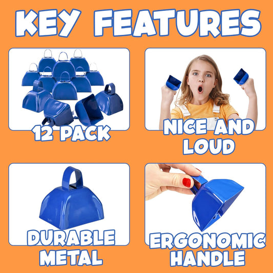 Metal Cowbells - Blue 3 Inch Cow Bells Noise Makers, Loud Call Bell with Handles for Sporting Events, V1259-DP01-A-2416