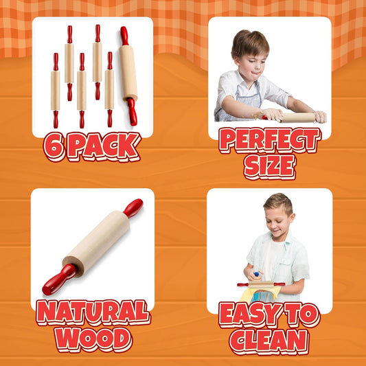 Mini Rolling Pin 7.5 Inch (6 Pack) Kids Rolling Pin Set for Play Dough Accessories Small Pin for Dough - V1259-DP01-A-2425