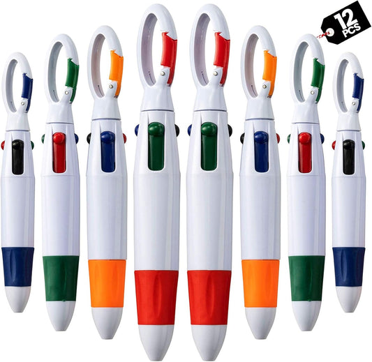 Retractable Shuttle Pens with Carabiner Clip - Pack of 12 Bulk Mini 4-in-1 Multi-Colored Ink Ballpoint Pens V1259-DP01-A-2427
