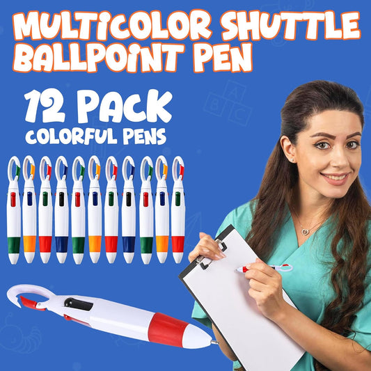 Retractable Shuttle Pens with Carabiner Clip - Pack of 12 Bulk Mini 4-in-1 Multi-Colored Ink Ballpoint Pens V1259-DP01-A-2427
