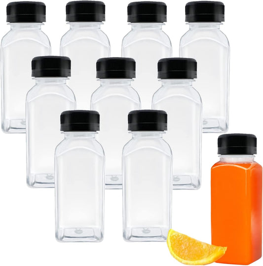 10 Pack Empty Plastic Juice Bottles, 8 Ounce Beverage Container Bottle with Black Tamper Evident Lid, V1259-DP01-A-2433