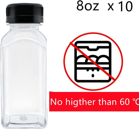 10 Pack Empty Plastic Juice Bottles, 8 Ounce Beverage Container Bottle with Black Tamper Evident Lid, V1259-DP01-A-2433