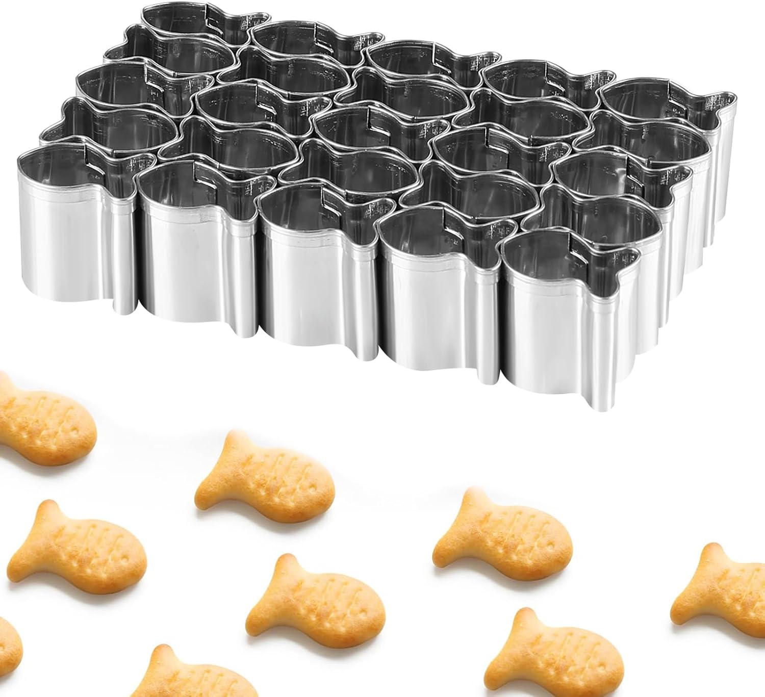 Gold Fish Cracker Cutter - 25 Cavity Fish Shaped Cookie Cutter - Stainless Steel - Silver - 1 Piece V1259-DP01-A-2443