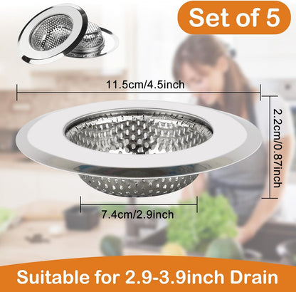 Kitchen Sink Strainer 5 Pcs, 4.5 Inch/11.5cm Stainless Steel Sink Drain Strainer Kit Food Catcher for Kitchen V1259-DP01-A-2507