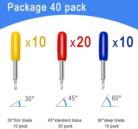40PCS Replacement Blades for Explore Air/Air 2 Vinyl Cutting Machines, 20PCS 45 degrees Standard + 10PCS 30 V1259-DP01-A-2530