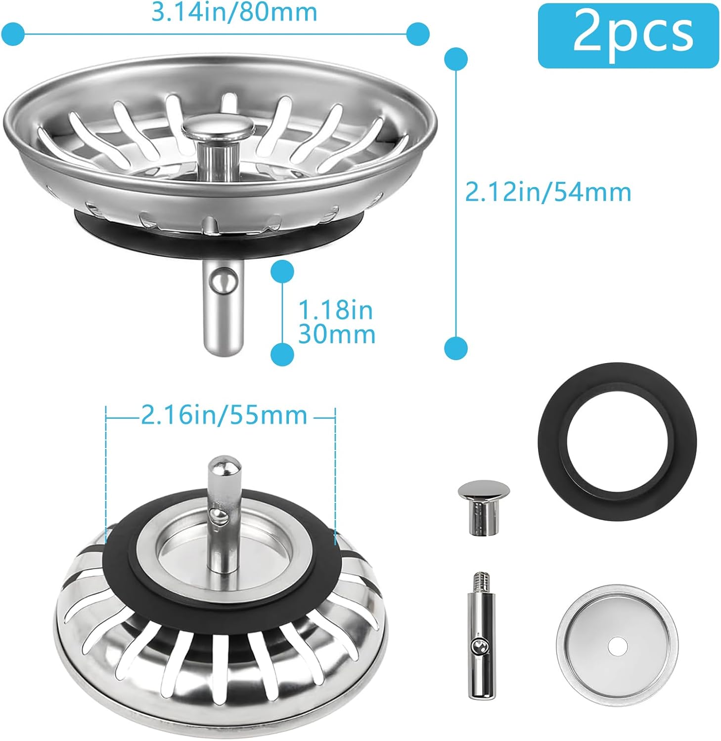 2 Pack Kitchen Sink Strainer, Stainless Steel Sink Drain Stopper, 3.15 Inch/8cm Sink Plug V1259-DP01-A-2547