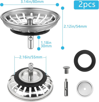 2 Pack Kitchen Sink Strainer, Stainless Steel Sink Drain Stopper, 3.15 Inch/8cm Sink Plug V1259-DP01-A-2547