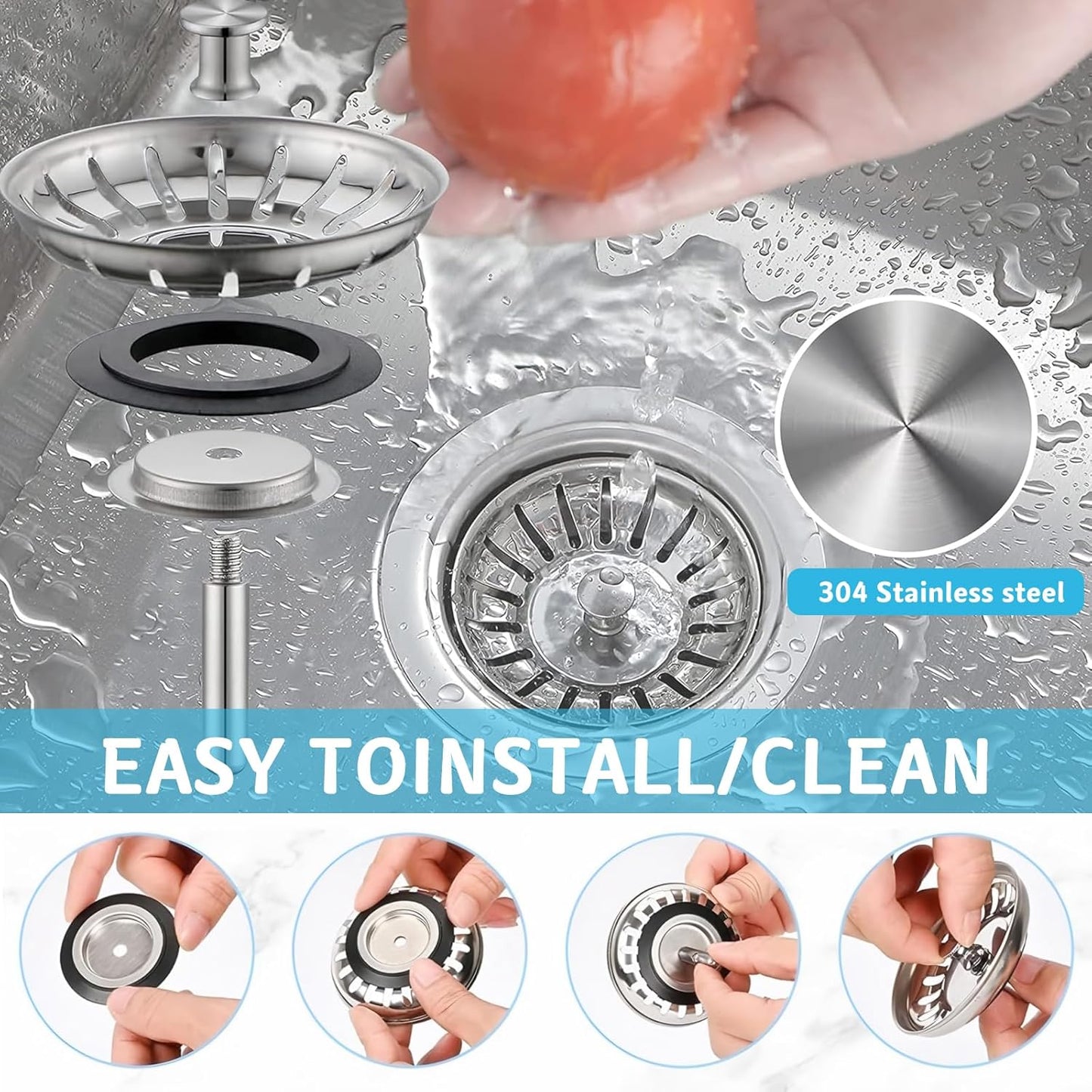 2 Pack Kitchen Sink Strainer, Stainless Steel Sink Drain Stopper, 3.15 Inch/8cm Sink Plug V1259-DP01-A-2547