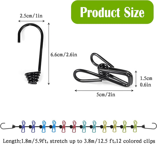 Travel Clothesline, Portable Clothes Line Outdoor with 12 Clips Elastic Clothesline for Indoor Outdoor V1259-DP01-A-2556