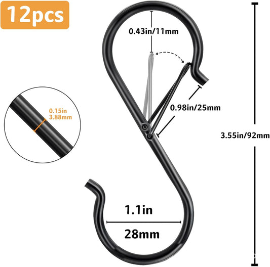 12 Pcs S Hooks for Hanging, Heavy Duty Metal S Shaped Hooks with Safety Buckle for Plants, Pots, Towels and V1259-DP01-A-2557