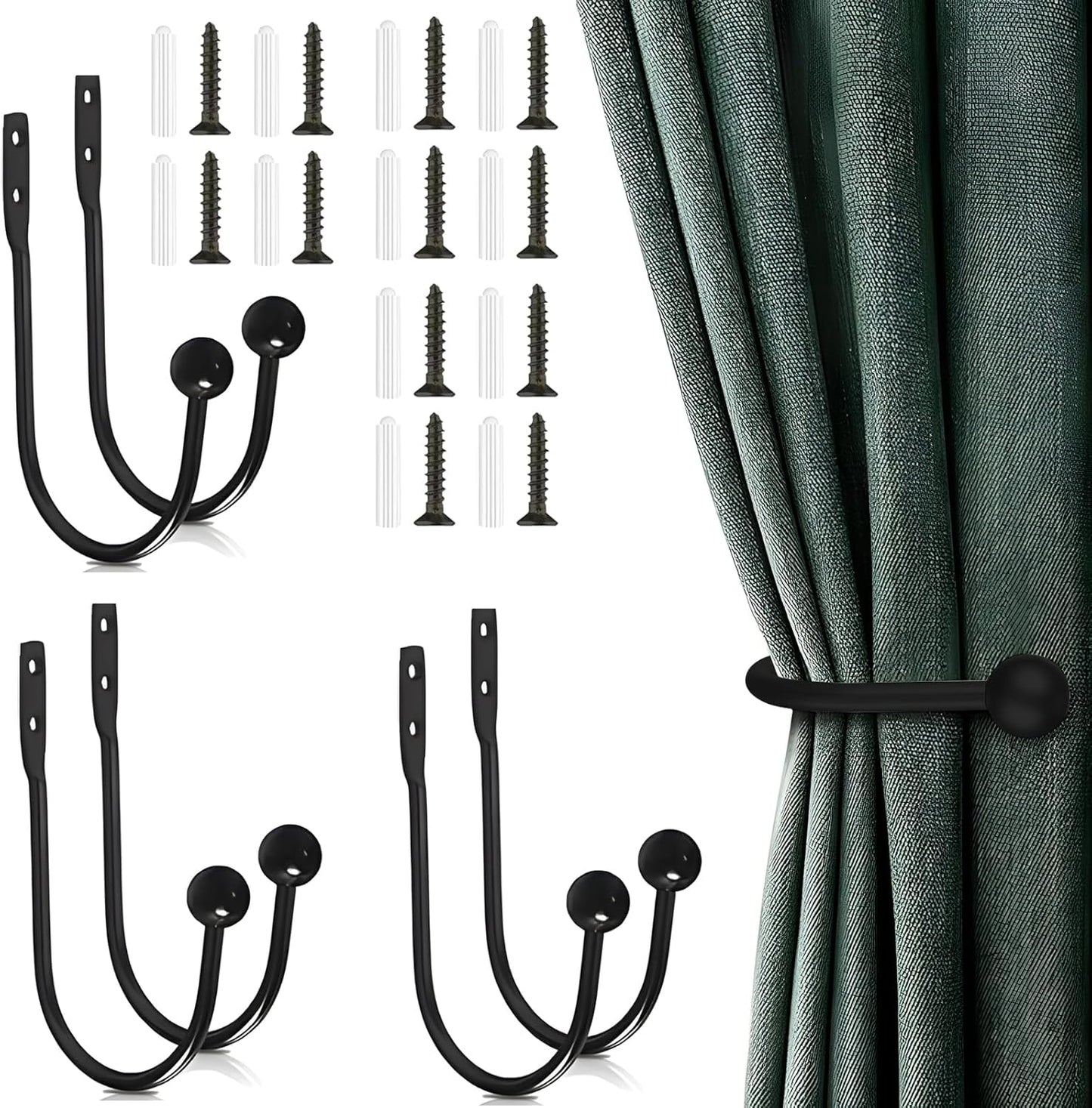 6 Pcs Curtain Holdbacks Curtain Tiebacks, U Shaped Curtain Hooks Wall Mount Window Curtain Holder (Black) V1259-DP01-A-2562