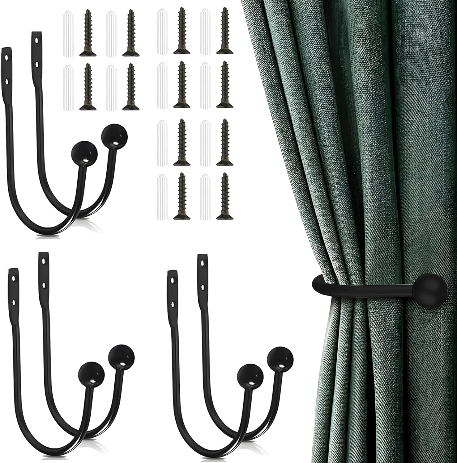 6 Pcs Curtain Holdbacks Curtain Tiebacks, U Shaped Curtain Hooks Wall Mount Window Curtain Holder (Black) V1259-DP01-A-2562