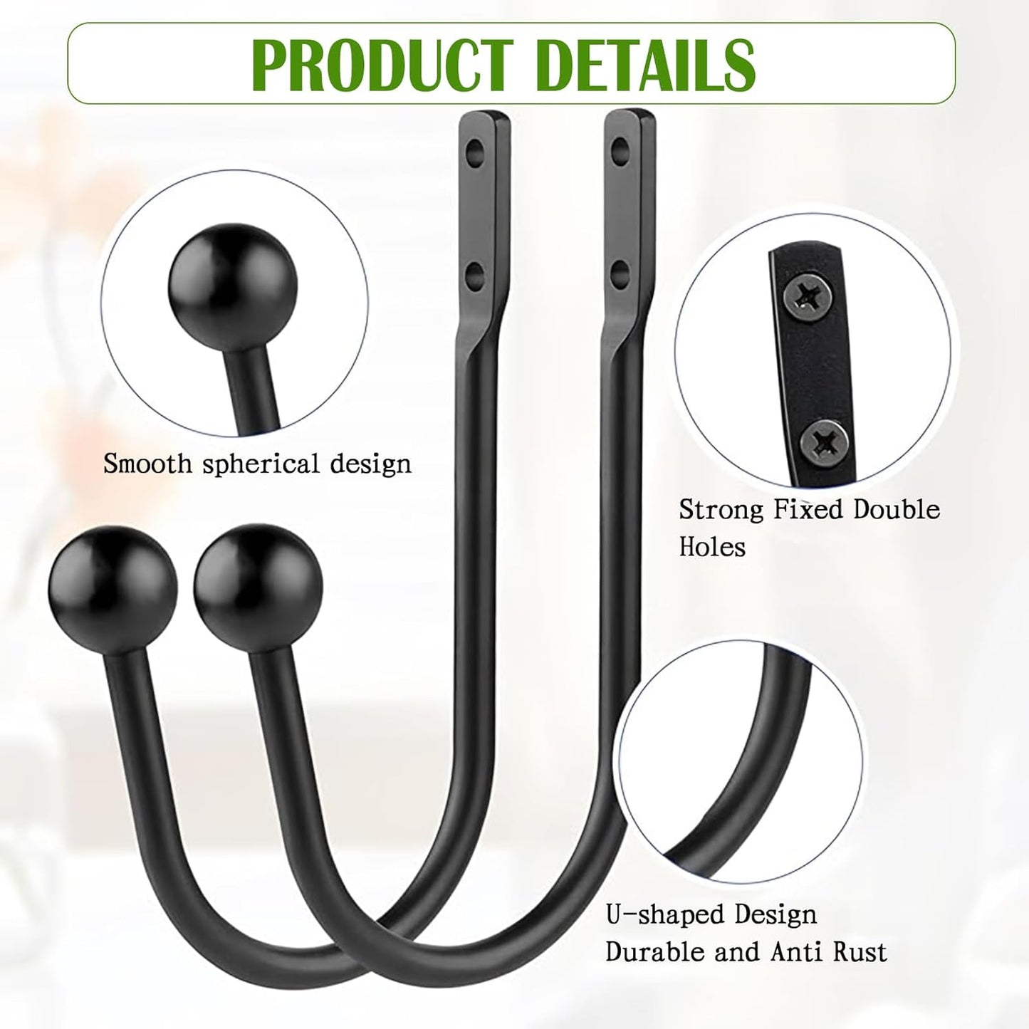 6 Pcs Curtain Holdbacks Curtain Tiebacks, U Shaped Curtain Hooks Wall Mount Window Curtain Holder (Black) V1259-DP01-A-2562