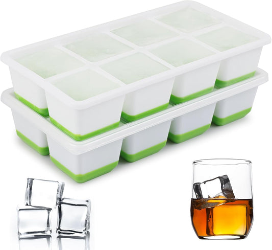 Ice Cube Tray, 2 Pack Large Ice Cube Molds with Lid, Reusable 8-Ice Cube Molds with Bottom Silicone for V1259-DP01-A-2582