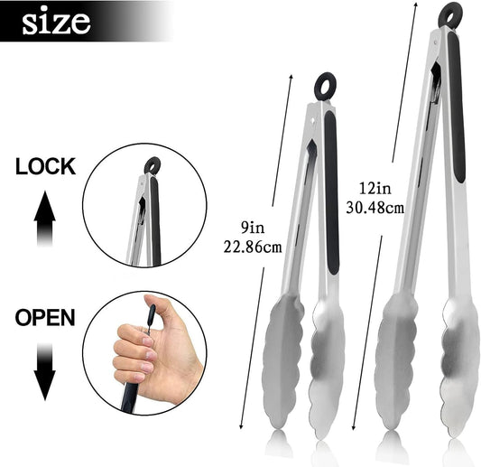 2 Pack Kitchen Tongs, 9" and 12" Stainless Steel Cooking Tongs, Non-Slip Heat Resistant Handle Heavy Duty V1259-DP01-A-2585