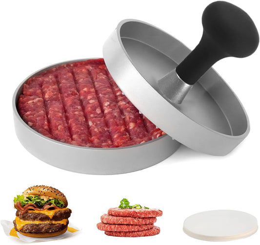 Hamburger Press Patty Maker, 4.6 in Food Grade Aluminum Burger Press, Non-Stick, with 100 Pcs Wax Paper, for V1259-DP01-A-2587