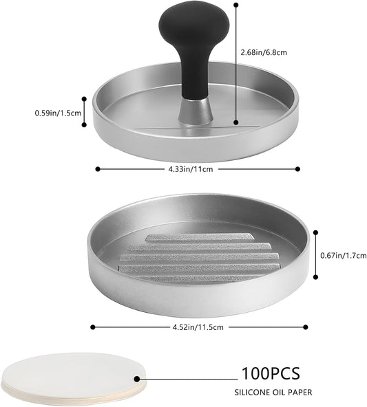 Hamburger Press Patty Maker, 4.6 in Food Grade Aluminum Burger Press, Non-Stick, with 100 Pcs Wax Paper, for V1259-DP01-A-2587