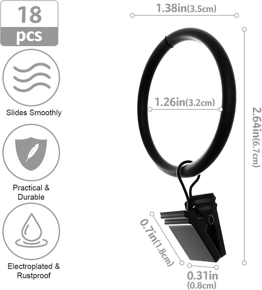 18 Pcs Curtain Rings with Clips, Drapes Rings 1.26 inch, Rustproof Metal Curtain Rings for Holding Curtains V1259-DP01-A-2589