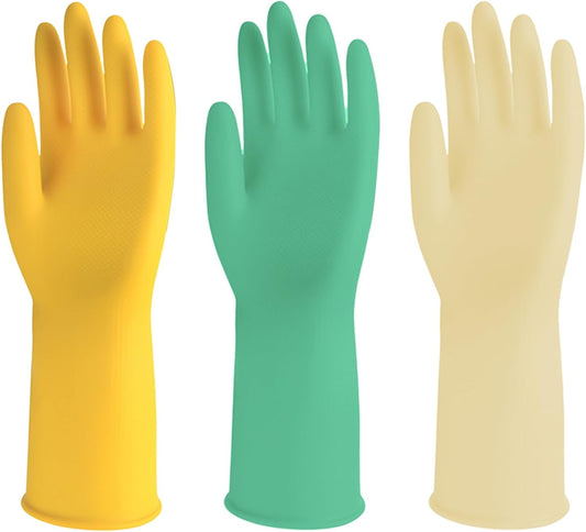 3 Pairs Rubber Cleaning Gloves for Household, Reusable Extra Thick Dishwashing Gloves Waterproof Non-Slip V1259-DP01-A-2598