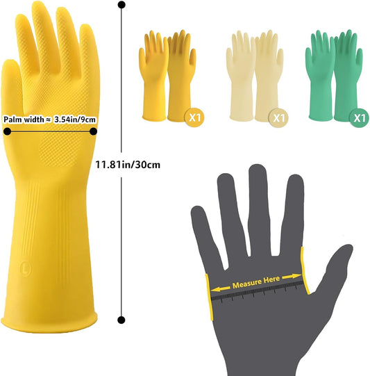 3 Pairs Rubber Cleaning Gloves for Household, Reusable Extra Thick Dishwashing Gloves Waterproof Non-Slip V1259-DP01-A-2598