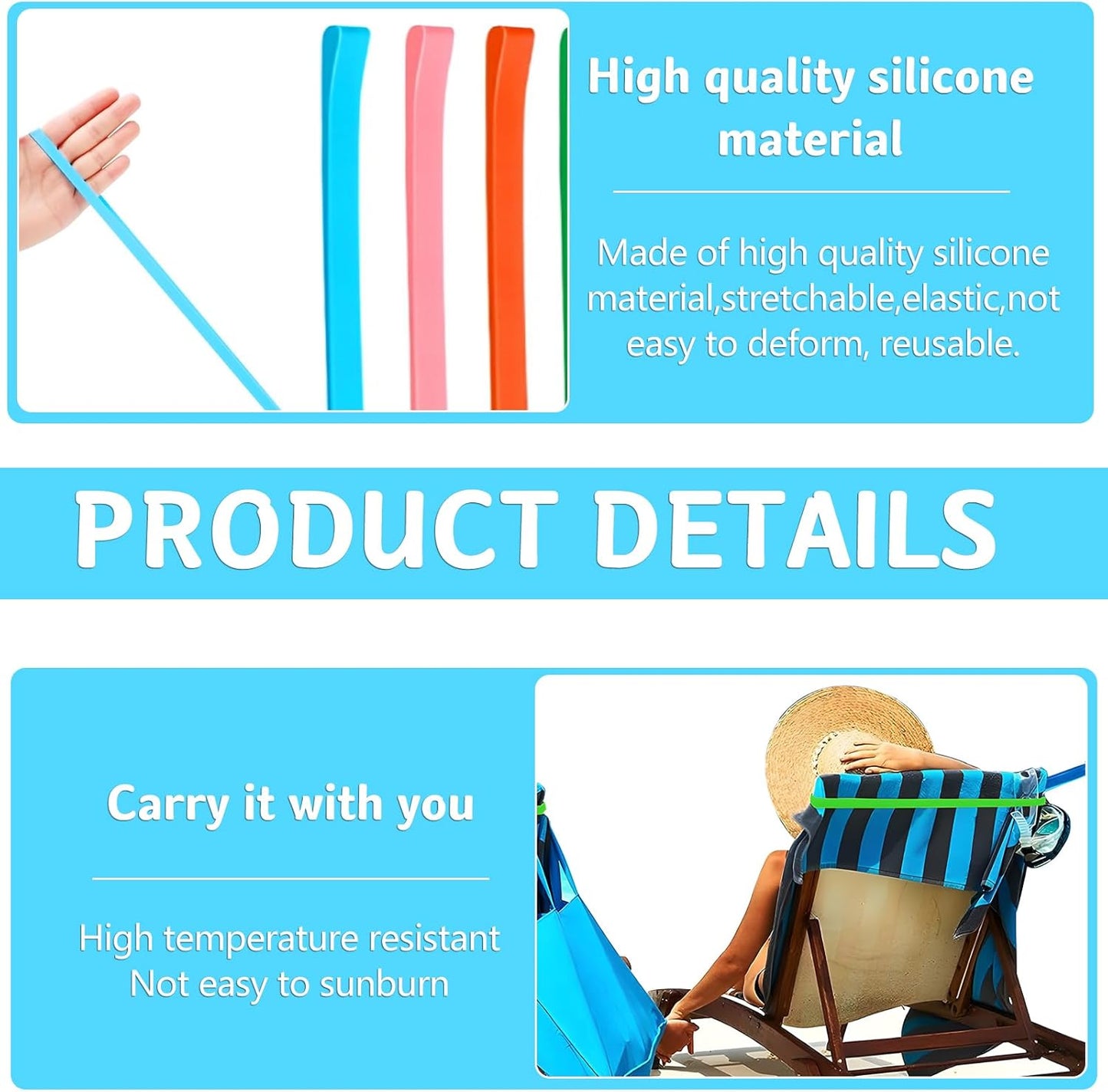 Towel Bands (4 Pack), Stretch Silicone Beach Towel Clips for Beach Pool & Cruise Chairs, Summer Beach Trip V1259-DP01-A-2605