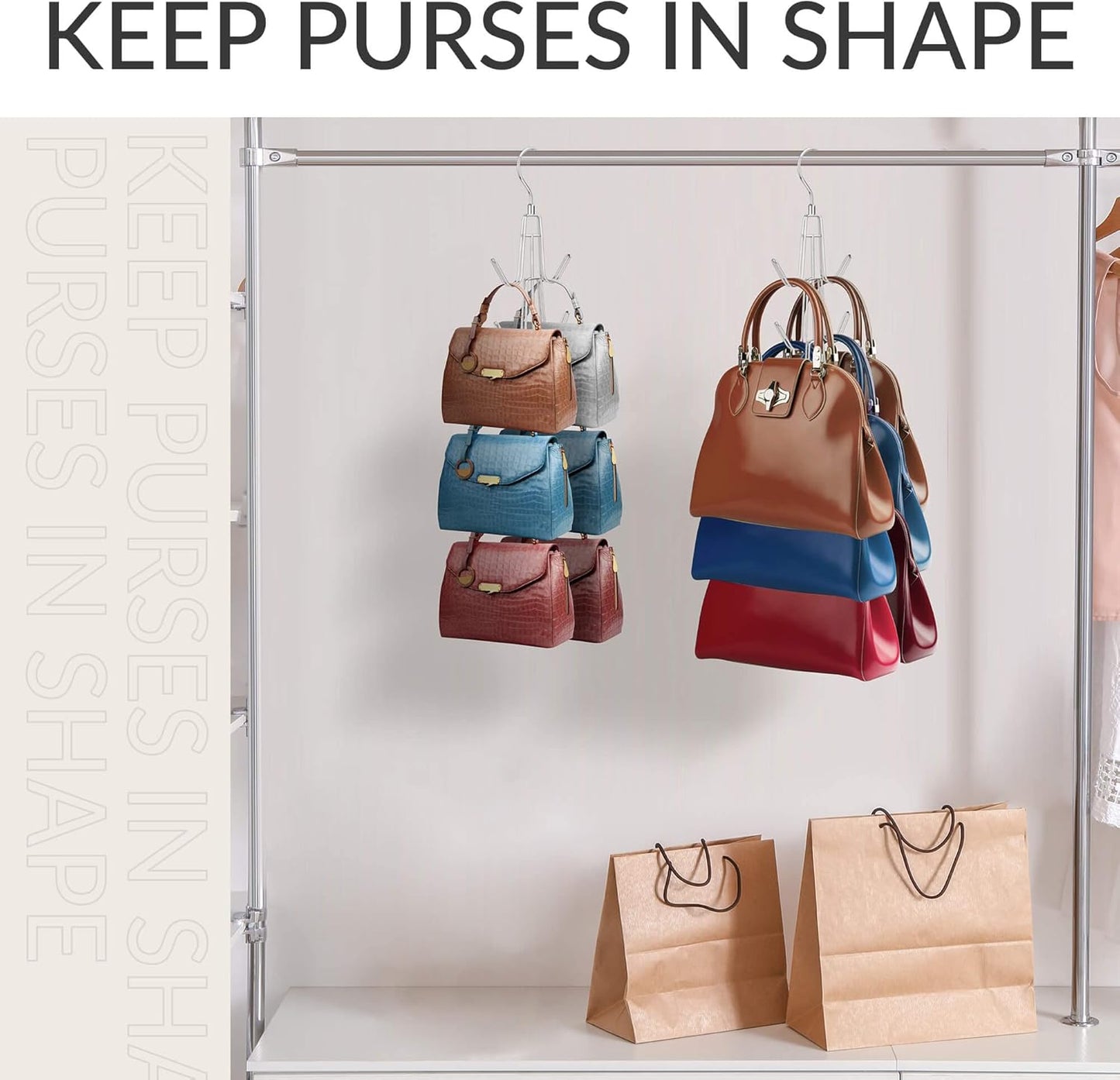 Purse Hanger Organizer for Closet, Hanging Bag Holder, Keeping Purses Visible and in Good Condition, Metal V1259-DP01-A-2629
