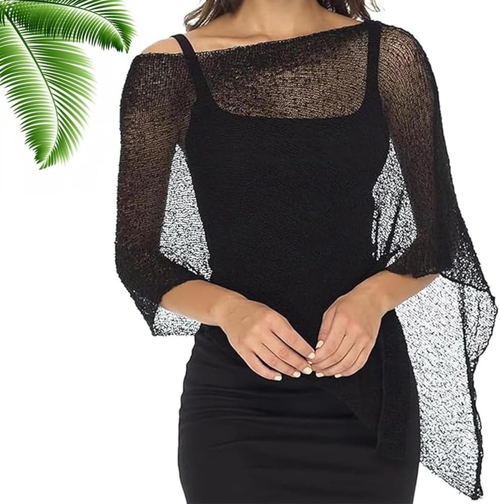 Womens Sheer Mesh Poncho Shrug Bolero, Lightweight Pullover Sweater Crochet Poncho Ruffle Top Beach Cover Ups V1259-DP01-A-2653