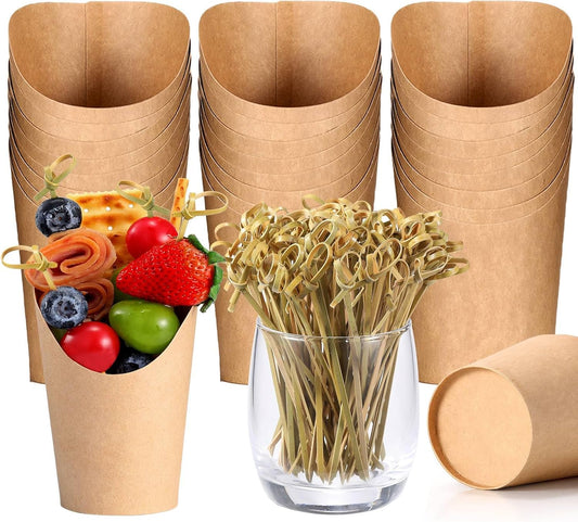 Charcuterie Cups with Cocktail Picks, 12 OZ Paper Appetizer Cups 24 Pcs with 4.7 Inch Bamboo Knot Skewers 100 V1259-DP01-A-2658