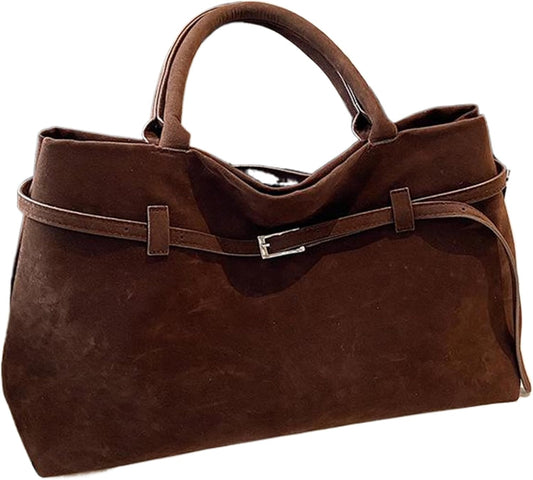 Suede Tote Bag Women Retro Dark Brown Faux Leather Tote Bag Slouchy Suede Bag with Handle Large Capacity Tote V1259-DP01-A-2670