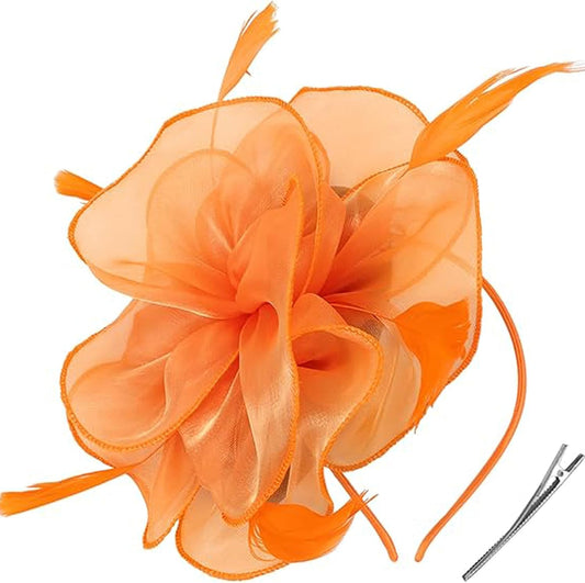 Fascinators Hat for Women Tea Party,Orange Feather Mesh Flower Fascinator with Headband and Clip Wedding Tea V1259-DP01-A-2687